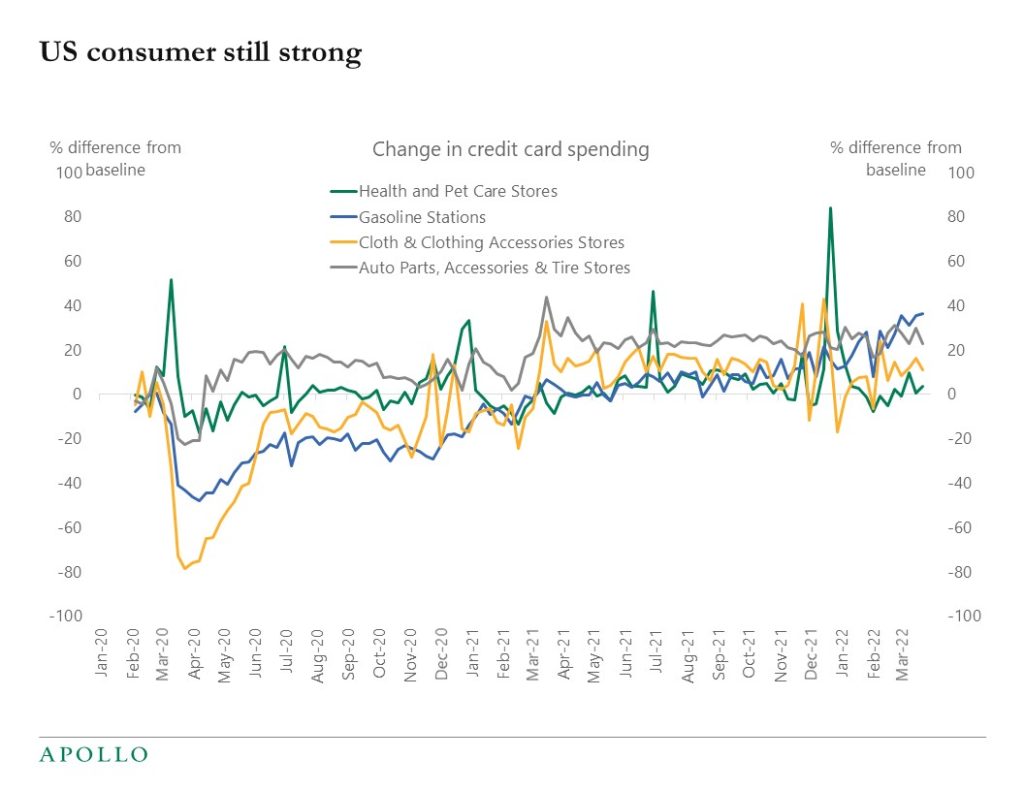 Chart showing credit card spending on goods such as pet supplies, clothing, auto parts, and gas remain strong