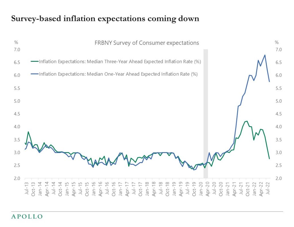 Chart showing inflation expectations from surveys coming down over one- and three-year time frames
